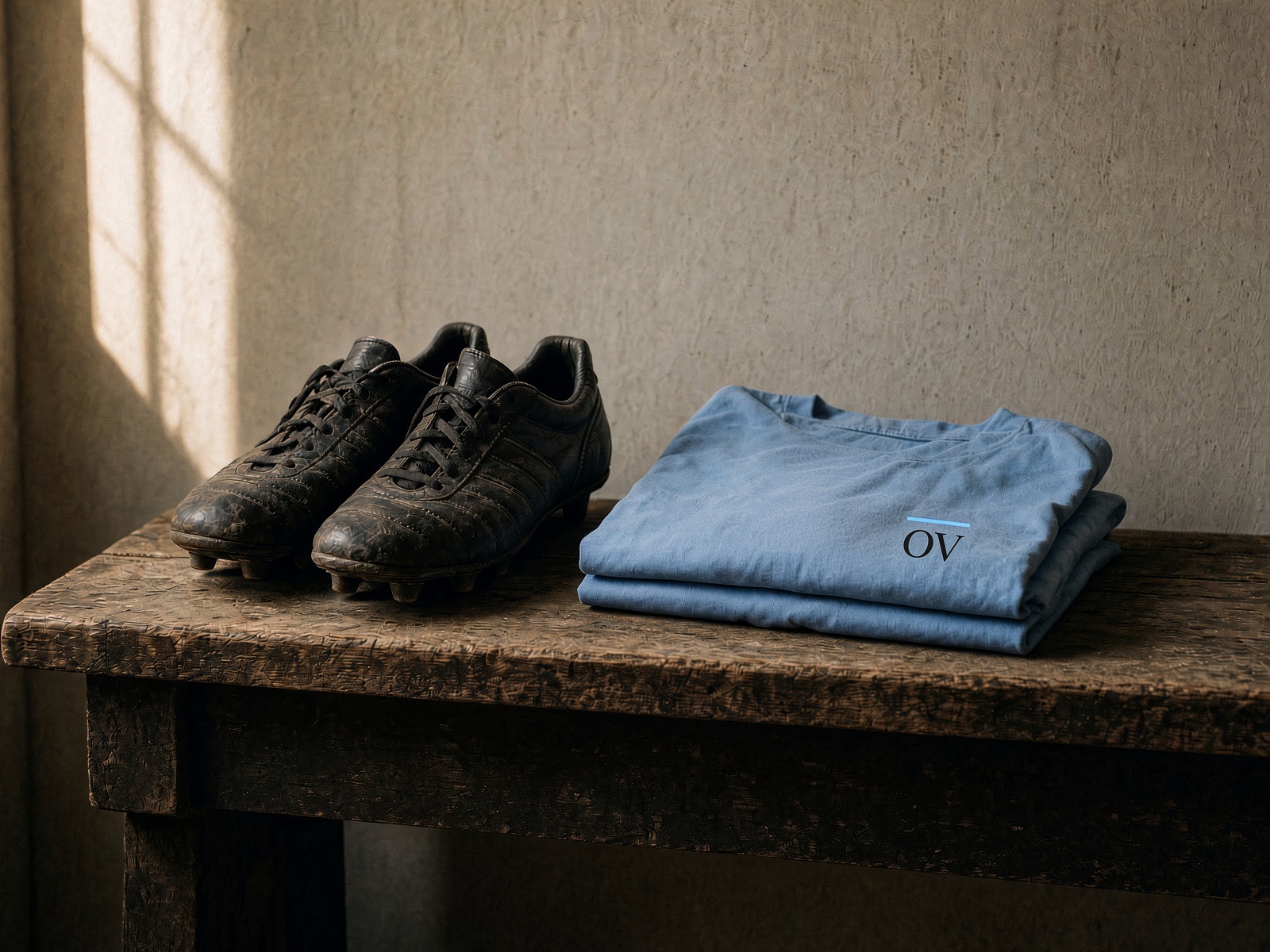 Botines gastados y una camiseta celeste sin escudo, sobre un banco de madera.